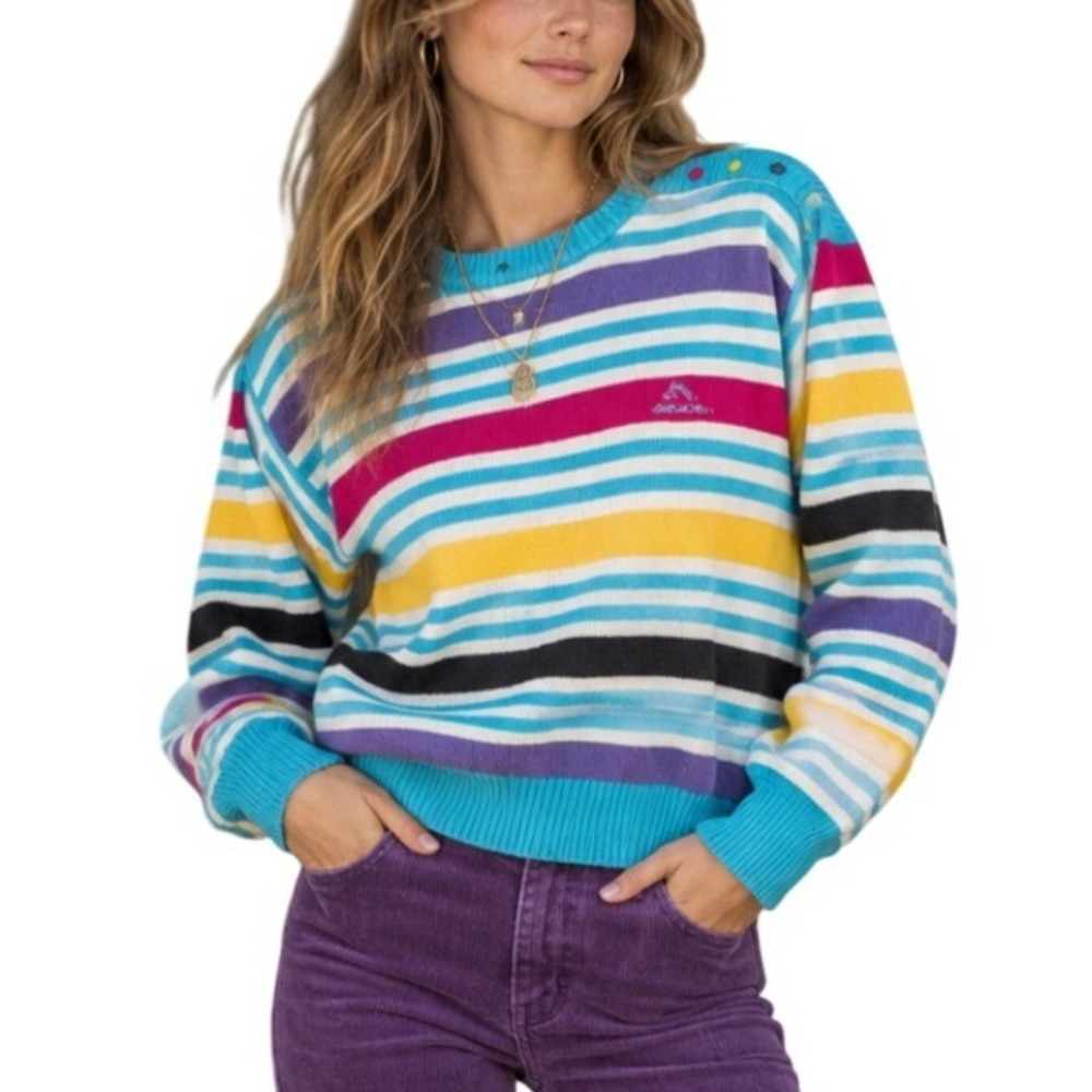Jordache True Vintage 80s Maximalist Candy Stripe Rainbow Knitted Sweatshirt